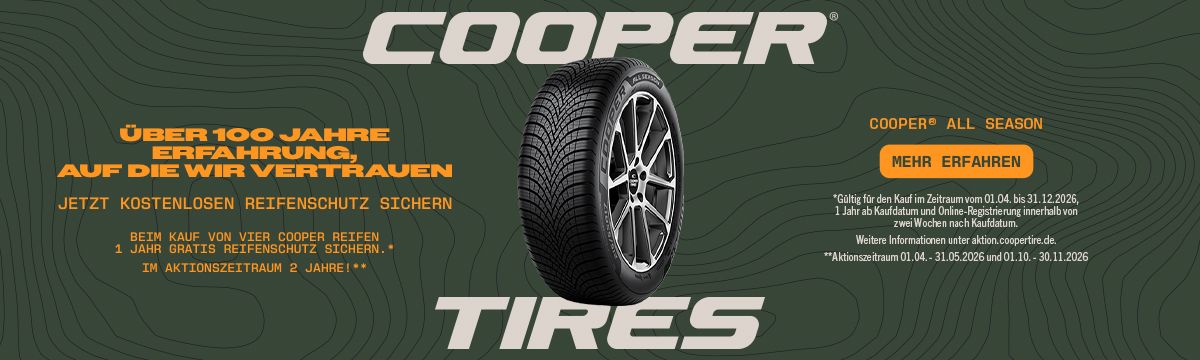 Hinweis auf eine Cooper Aktion: "Kostenloser Reifenschutz beim Kauf von 4 Cooper Reifen."